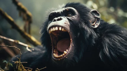 Fotobehang An angry roaring chimpanzee (Pan) with a gaping mouth showing its large sharp teeth. © jr-art