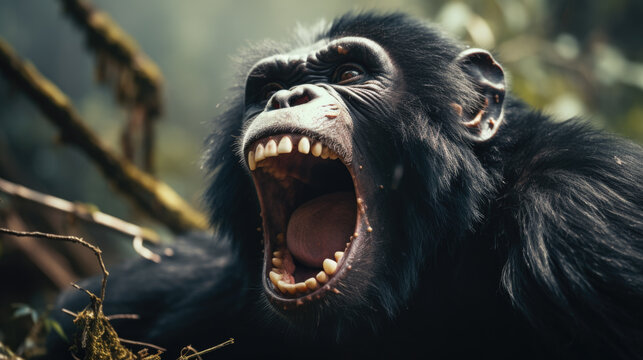 An angry roaring chimpanzee (Pan) with a gaping mouth showing its large sharp teeth.