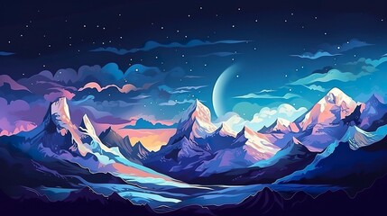 Obraz na płótnie Canvas Snow peaks and glaciers on the dark sky landscape illustration. 