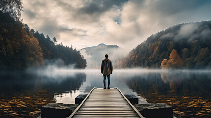 a man stands on a jetty at a lake and looks out to sea. - obrazy, fototapety, plakaty