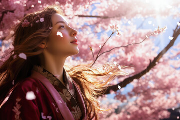 Peaceful young woman next to a sakura tree. Generative AI.