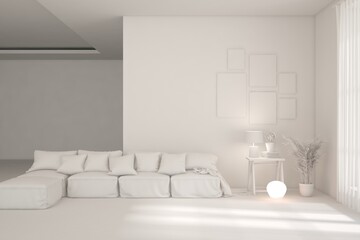 White living room concept with sofa. 3D illustration