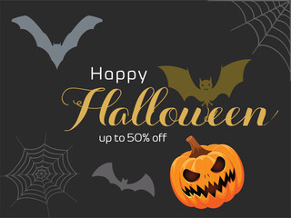 Happy Halloween party posters set with night clouds and pumpkins in paper cut style. Vector illustration. Full moon, witch cauldron, spiders web and flying bat. Place for text. Brochure background