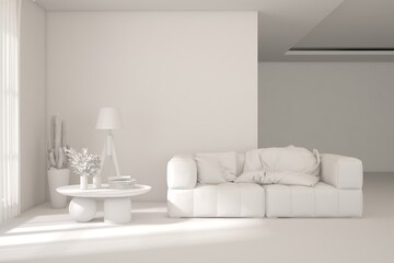 Grey living room concept with sofa. 3D illustration