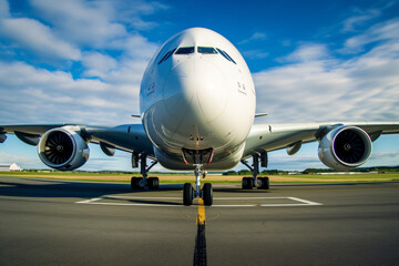 Naklejka premium Airline Airbus, aeroplane on airport runway, airplane is flying over a runway