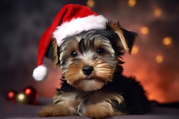 Cute Yorkshire terrier dog with Santa hat on christmas background