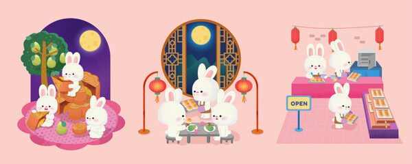 Cute rabbits and mooncakes