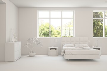 Fototapeta na wymiar Grey living room concept with sofa and summer landscape in window. Scandinavian interior design. 3D illustration