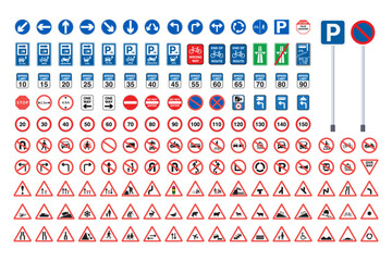 Traffic signs collection. Signs of danger, mandatory, obligations and alerts. Supplementary and routing table. Temporary traffic signs. Vector. - obrazy, fototapety, plakaty