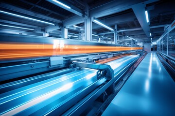 state-of-the-art manufacturing line, bathed in cool metallic blue tones. Sleek machinery operates fluidly, their polished surfaces reflecting the overhead lights. Streaks of vibrant orange trail throu