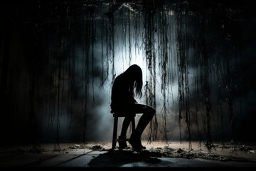 Silhouette of a woman sitting alone and sad. Generated with AI - obrazy, fototapety, plakaty