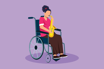 Character flat drawing woman sitting in wheelchair plays saxophone. Disability and classical music. Fracture in her leg. Person in hospital. Rehabilitation center. Cartoon design vector illustration