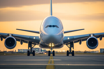 Naklejka premium Airline Airbus, aeroplane on airport runway, airplane is flying over a runway