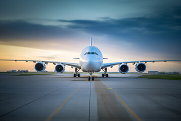 Fototapeta na wymiar Airline Airbus, aeroplane on airport runway, airplane is flying over a runway