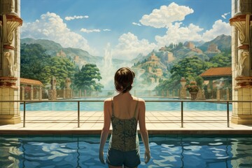 Girl standing at the edge of a swimming pool looking at the beautiful landscape, A tourist woman rear view in a swimming pool enjoys the elevated view, AI Generated