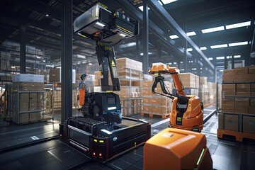 Smart warehouse management system with innovative internet of things technology to identify package picking and delivery,  robot operating a forklift at a bustling industrial complex, AI Generated