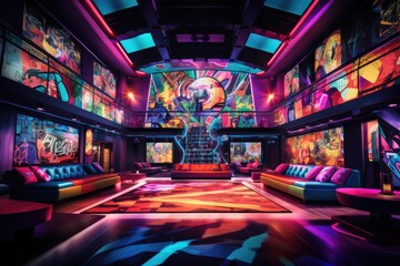 Futuristic gaming room with colorful neon lights, 3d rendering, serene night club, featuring a plush ballroom filled with patrons dancing to the music, AI Generated
