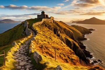 Sunset at St. Patrick's Rock, County Kerry, Ireland, valentia island in the ring of kerry in the south west coast of ireland during an autumn sunset, AI Generated - obrazy, fototapety, plakaty