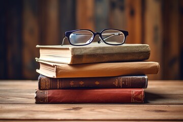 Stack of old books with glasses on wooden table. Education concept. A vintage pile of five old...