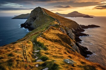 Stunning sunset landscape image of Dingle Peninsula, County Kerry, Ireland, valentia island in the ring of kerry in the south west coast of ireland during an autumn sunset, AI Generated - obrazy, fototapety, plakaty