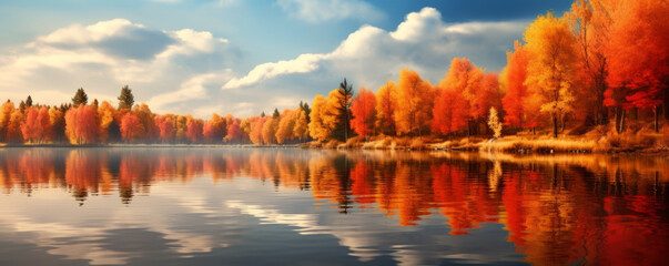 Fototapeta premium Beautiful panorama of the autumn foliage in the lake. Autumn forest lake reflection. Autumn forest reflected in lake water. Generative AI.