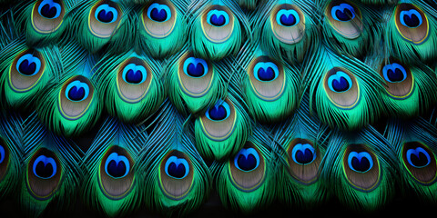 peacock feather texture, feather schemed background, closeup shot, panorama, blue, elegant, shallow arranged, Generative AI