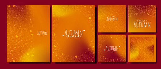 Beautiful Orange & Red Autumn Template Backgrounds. Orange and Red Gradient backdrops with hand drawn fall illustration designs of Pumpkin, acorn, leaves, foliage, maple. Vector Illustration