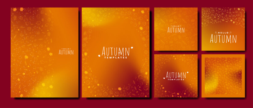 Beautiful Orange & Red Autumn Template Backgrounds. Orange and Red Gradient backdrops with hand drawn fall illustration designs of Pumpkin, acorn, leaves, foliage, maple. Vector Illustration