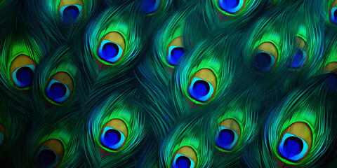 peacock feather texture, feather schemed background, closeup shot, panorama, blue, elegant, shallow arranged, Generative AI
