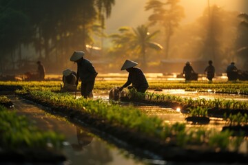 Agriculture of Asia Local Thai farmers are planting rice fields Generative AI. - obrazy, fototapety, plakaty