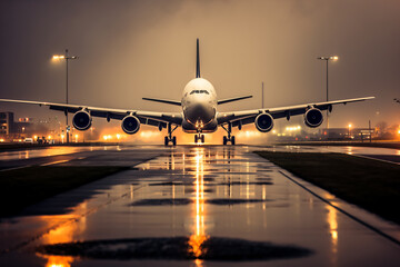 Airline Airbus, aeroplane on airport runway, airplane is flying over a runway