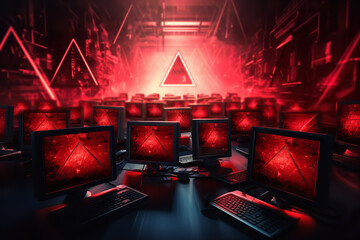 An ominous red warning sign illuminates a swarm of computer viruses, signifying immediate danger in the digital space - obrazy, fototapety, plakaty