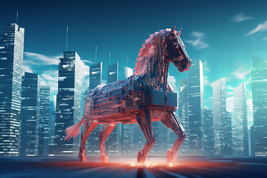 A virtual city under the looming threat of a 3D Trojan Horse icon, symbolizing stealthy cyber-attacks