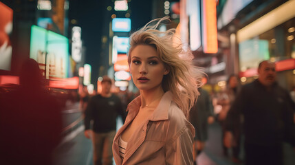 Fototapeta premium portrait photo of a blonde model running at night along a megalopolis street, among people, photorealistic