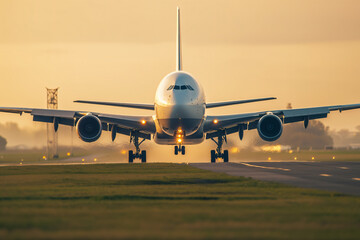 Obraz premium Airline Airbus, aeroplane on airport runway, airplane is flying over a runway