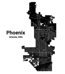 Phoenix city map, capital of the USA state of Arizona. Municipal administrative borders, black and white area map with rivers and roads, parks and railways.
