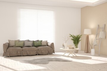 Modern interior concept with sofa and summer landscape in window. 3D illustration