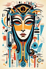 Goddess of Egypt wearing traditional colorful mask. Abstract poster design. Generative Ai illustration