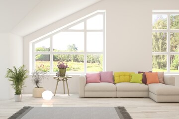 White living room with sofa and summer landscape in window. Scandinavian interior design. 3D illustration