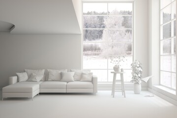 White living room with sofa and winter landscape in window. Scandinavian interior design. 3D illustration