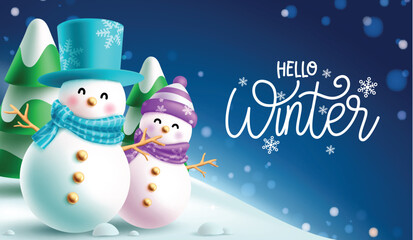 Winter hello text vector design. Snow man characters with pine tree and snowflakes elements in winter snow background. Vector illustration christmas holiday season greeting.
