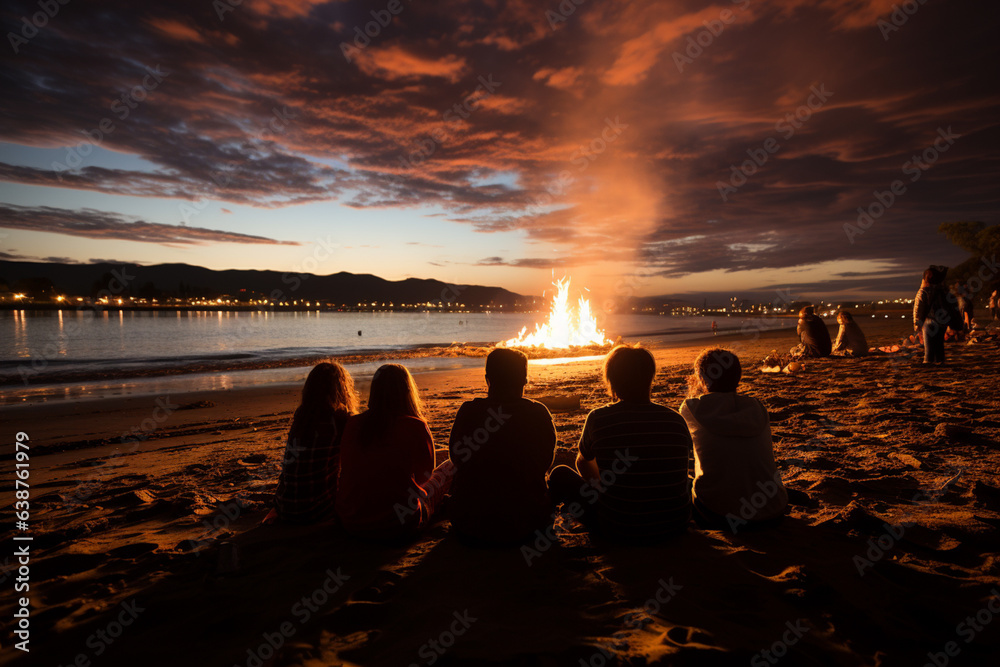 Poster A group of friends gathered around a bonfire on a beach, watching fireworks explode above the ocean as they count down to midnight.  Generative AI technology.