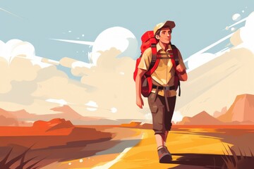 Fototapeta premium Traveling the world. Man backpacking freely. Generated with AI