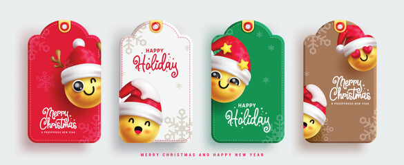 Christmas emojis tags vector set design. Merry christmas and happy new year text with emojis cute characters for gift wrap tags collection.
