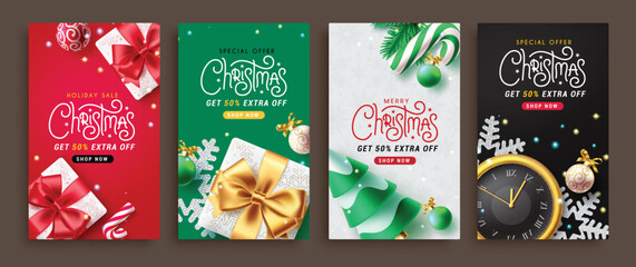 Christmas sale  vector set poster design. Christmas holiday sale with  special offer text for shopping discount card collection. Vector illustration xmas season promotion.
