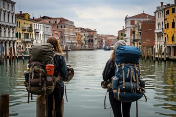 Traveling the world. Girls backpacking in Venice, Europe. Generated with AI
