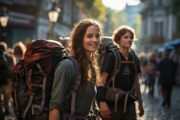 Fototapeta premium Traveling the world. Couple backpacking in Europe. Generated with AI