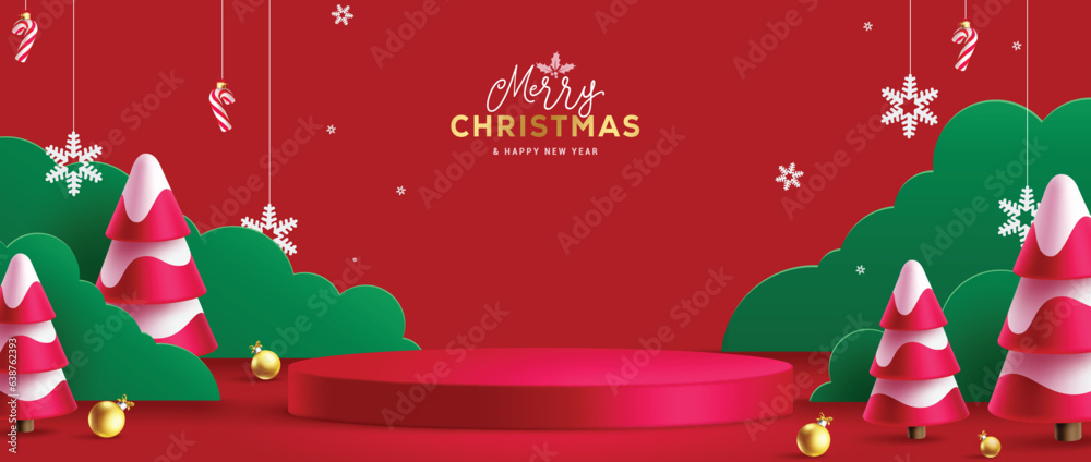 Canvas Prints christmas podium vector design. merry christmas and happy new year greeting text with pine tree and 