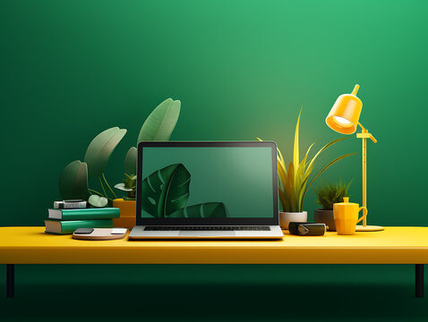 clean desk with transparent background, flat illustration with green and yellow color 