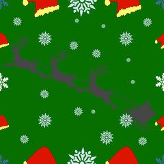 Vector illustration of a Santa Claus riding a sleigh, a sleigh in a sled for Christmas, white and blue ice flakes, and a Santa hat. It is a black ground used to destroy cloth or wrapping paper.